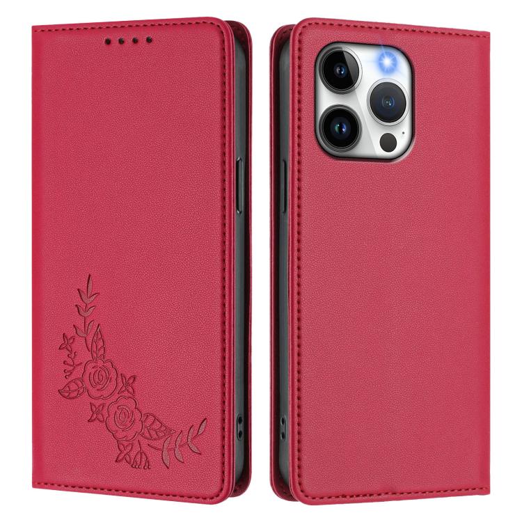 For iPhone 13 Pro Peony Embossed Magnetic RFID Vegan Leather Phone Case