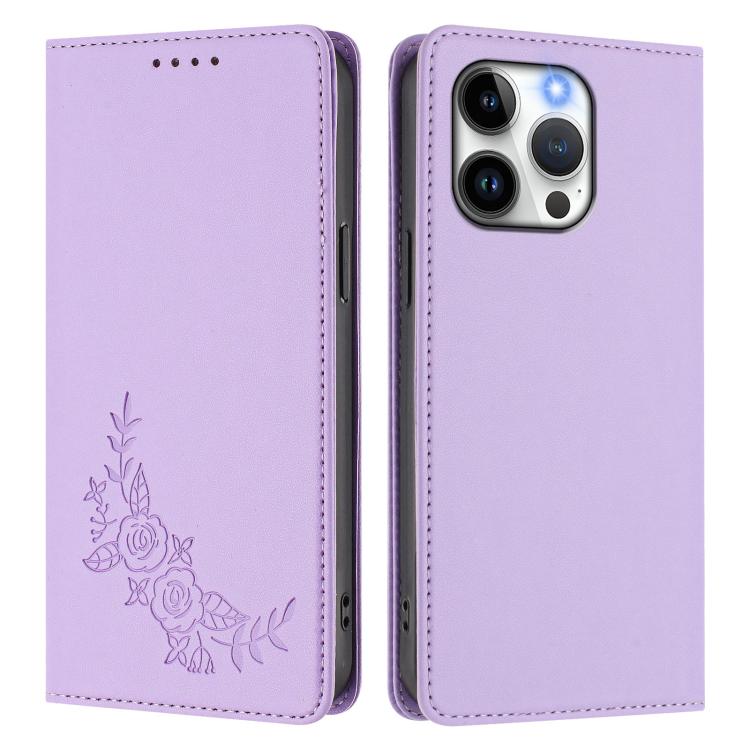 For iPhone 13 Pro Peony Embossed Magnetic RFID Vegan Leather Phone Case