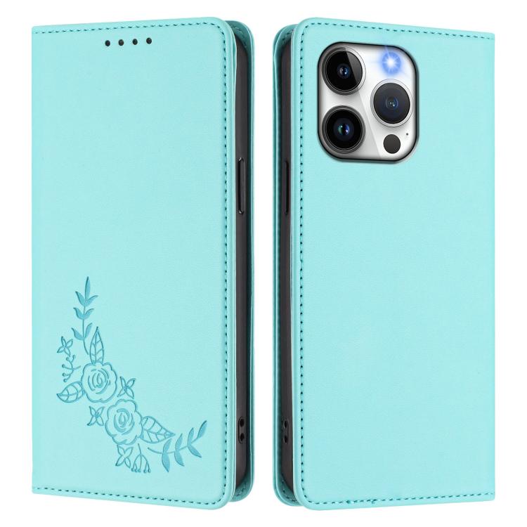 For iPhone 13 Pro Peony Embossed Magnetic RFID Vegan Leather Phone Case