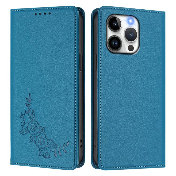 For iPhone 13 Pro Peony Embossed Magnetic RFID Vegan Leather Phone Case