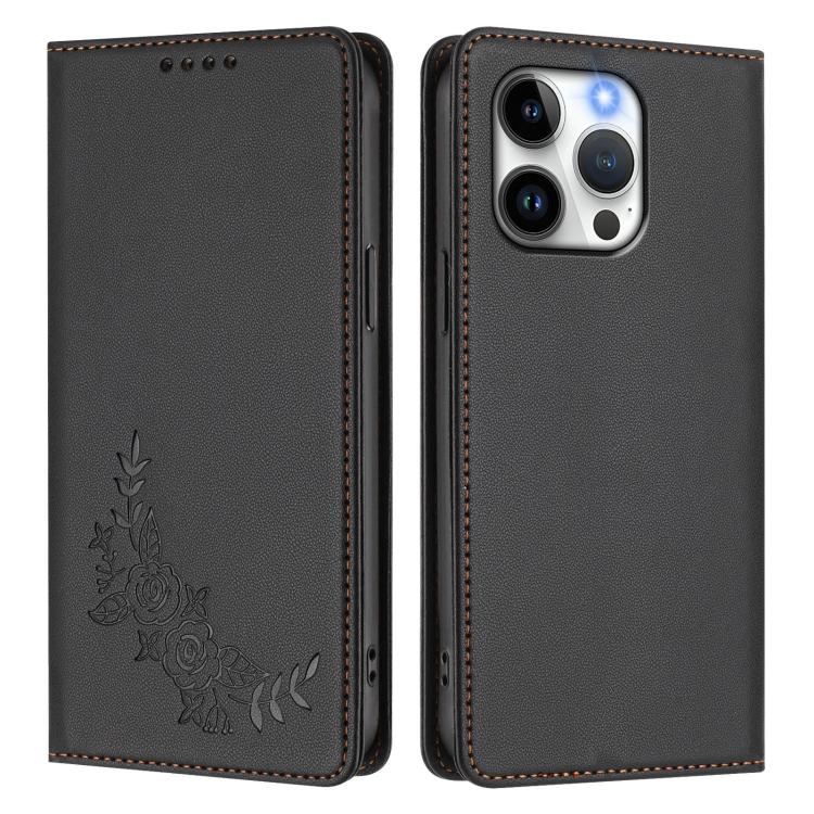 For iPhone 13 Pro Peony Embossed Magnetic RFID Vegan Leather Phone Case