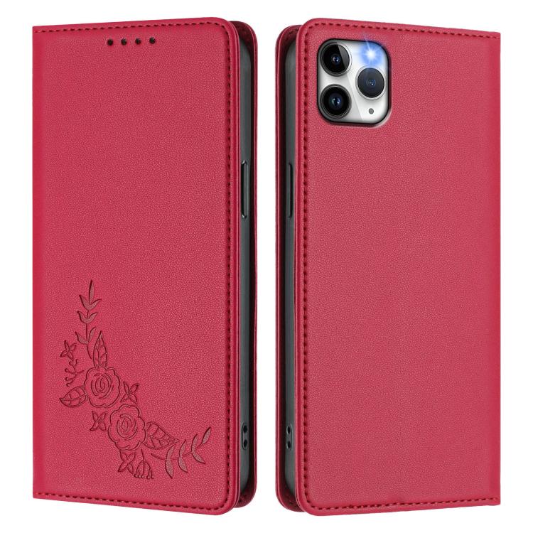For iPhone 11 Pro Max Peony Embossed Magnetic RFID Vegan Leather Phone Case
