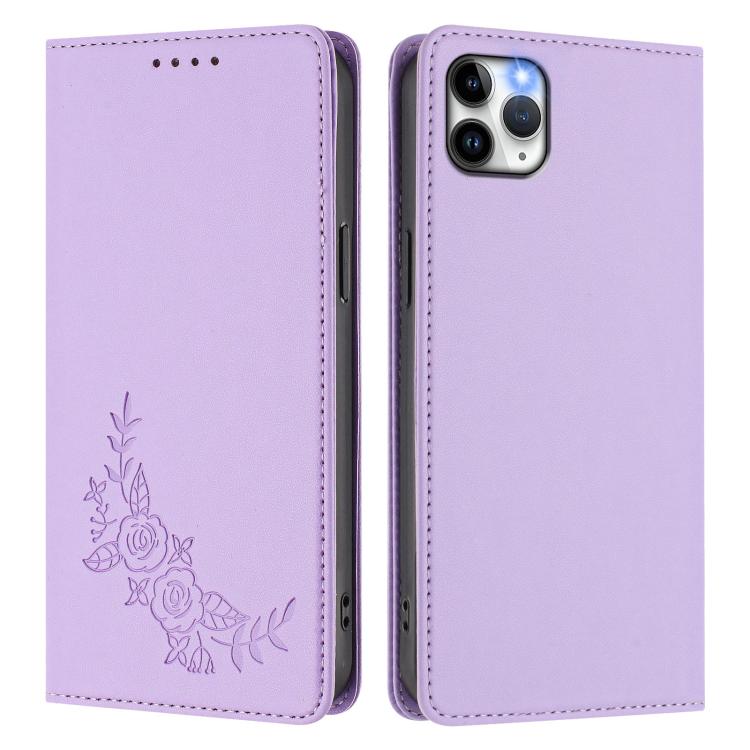 For iPhone 11 Pro Max Peony Embossed Magnetic RFID Vegan Leather Phone Case