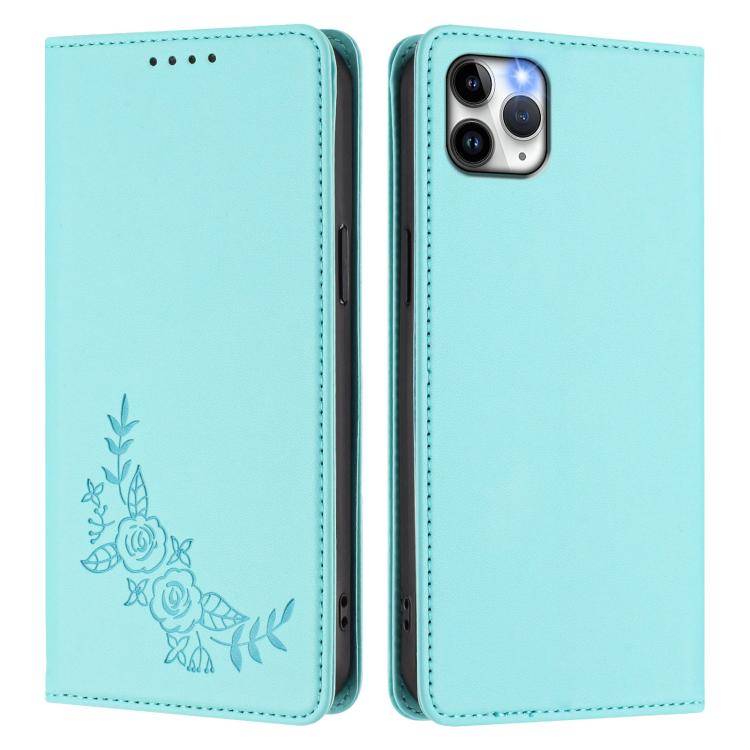 For iPhone 11 Pro Max Peony Embossed Magnetic RFID Vegan Leather Phone Case