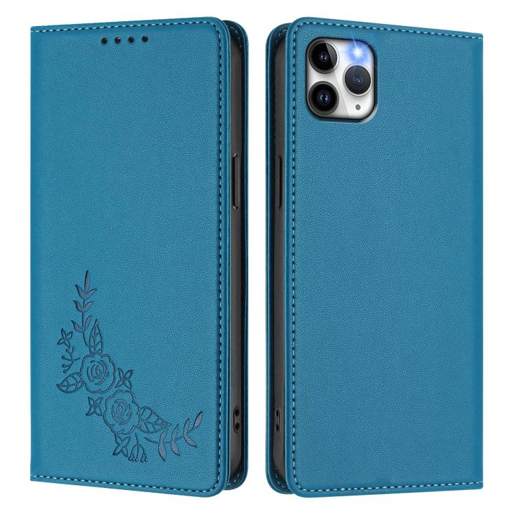 For iPhone 11 Pro Max Peony Embossed Magnetic RFID Vegan Leather Phone Case
