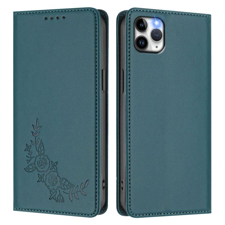 For iPhone 11 Pro Max Peony Embossed Magnetic RFID Vegan Leather Phone Case