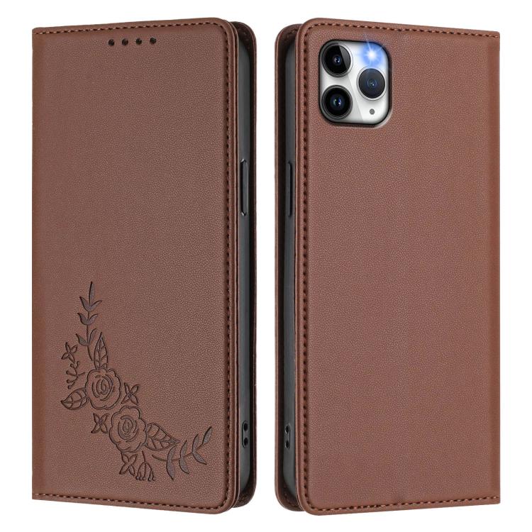 For iPhone 11 Pro Max Peony Embossed Magnetic RFID Vegan Leather Phone Case