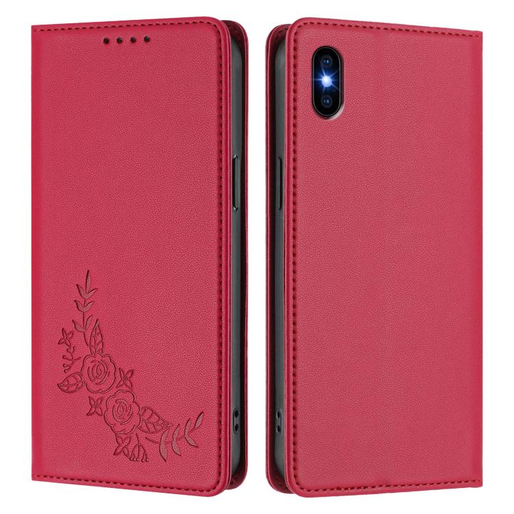 For iPhone XS Max Peony Embossed Magnetic RFID Vegan Leather Phone Case
