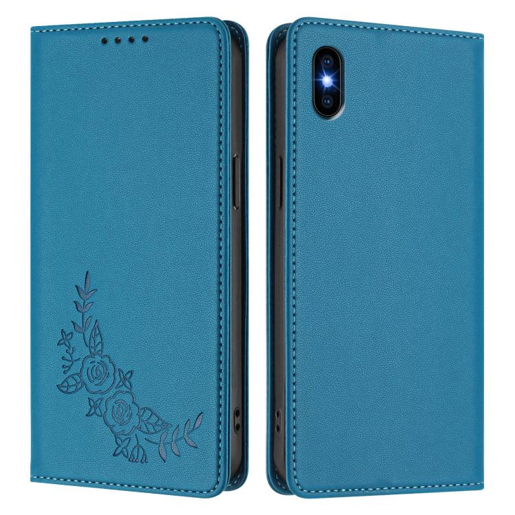 For iPhone XS Max Peony Embossed Magnetic RFID Vegan Leather Phone Case