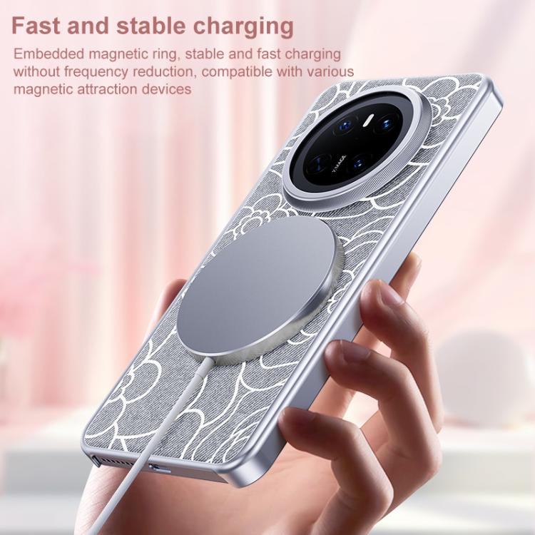 For Huawei Mate 70 Embossed Camellia Wool Linen Fabric Magnetic Three Guarantees Phone Case