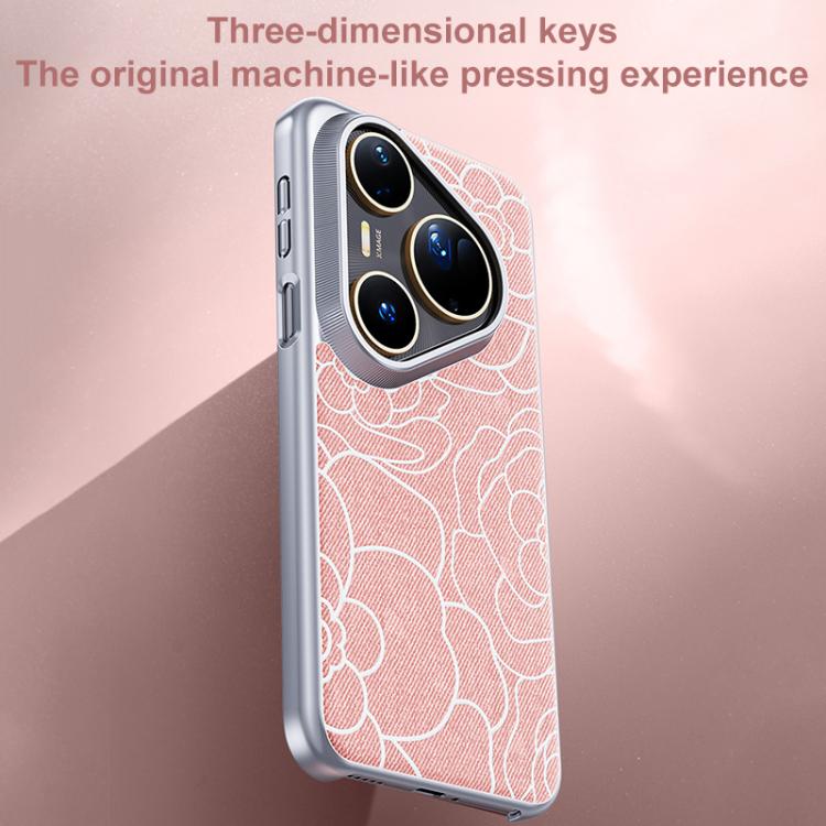 For Huawei Pura 80 Pro 5G Embossed Camellia Wool Linen Fabric Magnetic Three Guarantees Phone Case