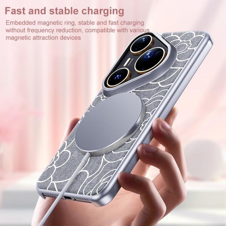 For Huawei Pura 80 5G Embossed Camellia Wool Linen Fabric Magnetic Three Guarantees Phone Case