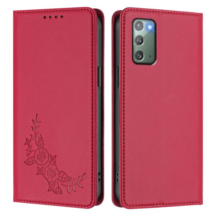For Samsung Galaxy Note20 5G Peony Embossed Magnetic RFID Vegan Leather Phone Case