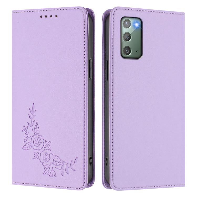 For Samsung Galaxy Note20 5G Peony Embossed Magnetic RFID Vegan Leather Phone Case