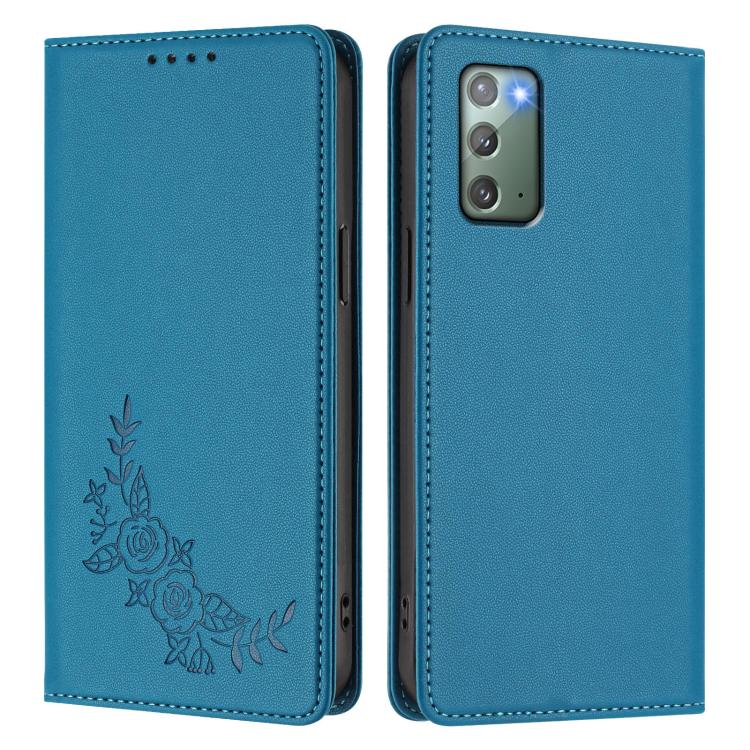 For Samsung Galaxy Note20 5G Peony Embossed Magnetic RFID Vegan Leather Phone Case