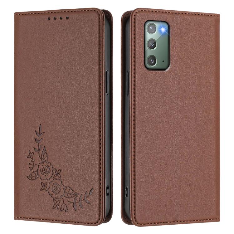For Samsung Galaxy Note20 5G Peony Embossed Magnetic RFID Vegan Leather Phone Case