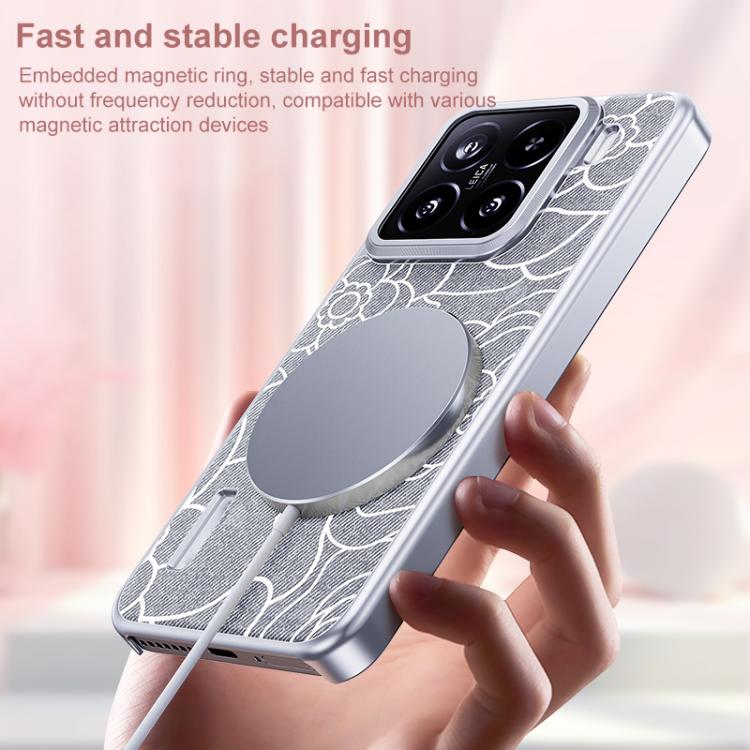 For Xiaomi 14 Embossed Camellia Wool Linen Fabric Magnetic Three Guarantees Phone Case