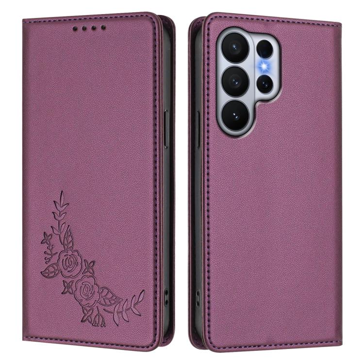 For Galaxy S26 Ultra 5G Peony Embossed Magnetic RFID Vegan Leather Phone Case