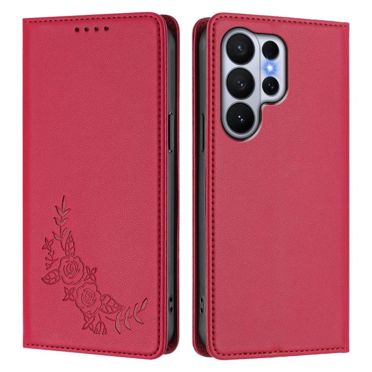For Galaxy S26 Ultra 5G Peony Embossed Magnetic RFID Vegan Leather Phone Case