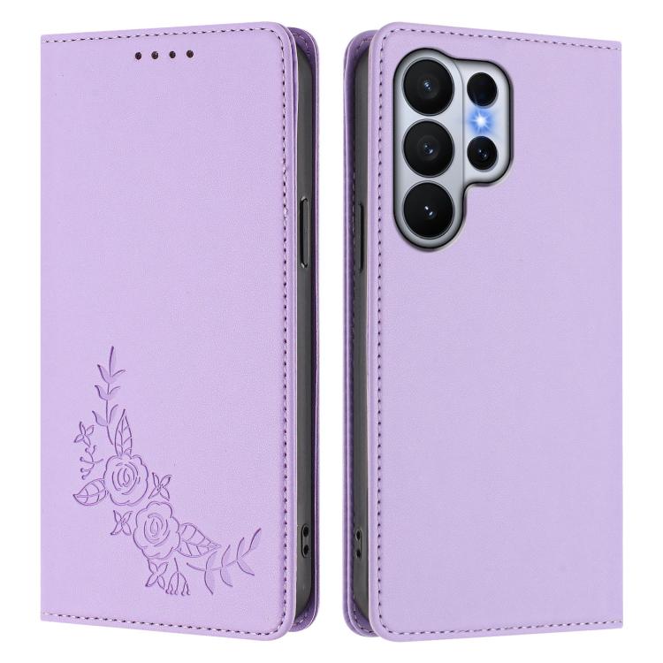 For Galaxy S26 Ultra 5G Peony Embossed Magnetic RFID Vegan Leather Phone Case