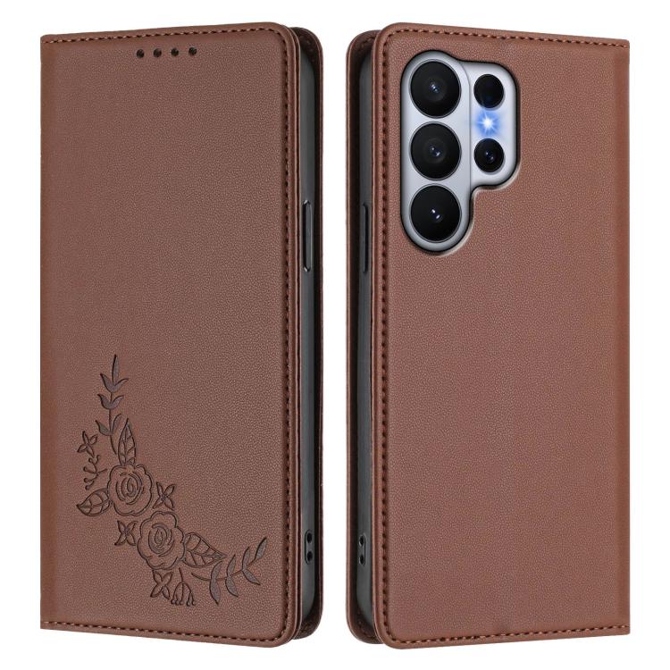 For Galaxy S26 Ultra 5G Peony Embossed Magnetic RFID Vegan Leather Phone Case