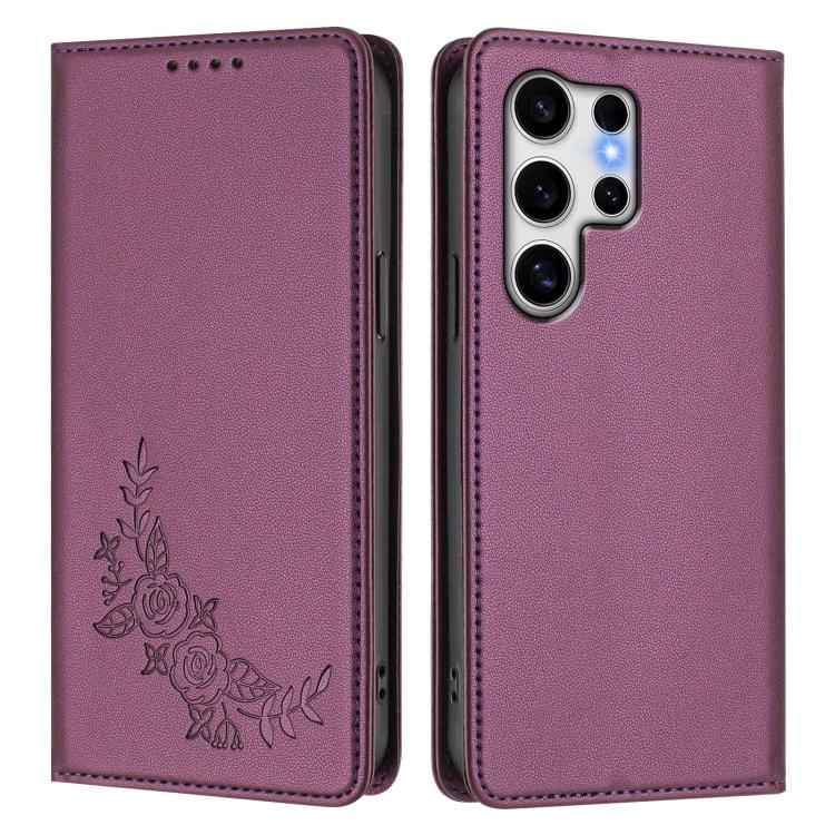 For Galaxy S25 Ultra 5G Peony Embossed Magnetic RFID Vegan Leather Phone Case