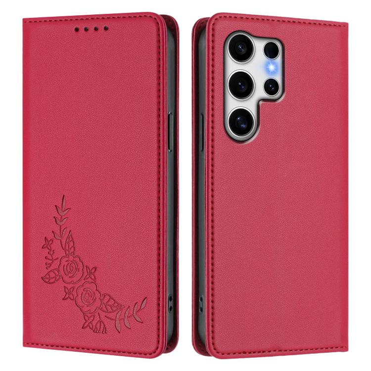 For Galaxy S25 Ultra 5G Peony Embossed Magnetic RFID Vegan Leather Phone Case