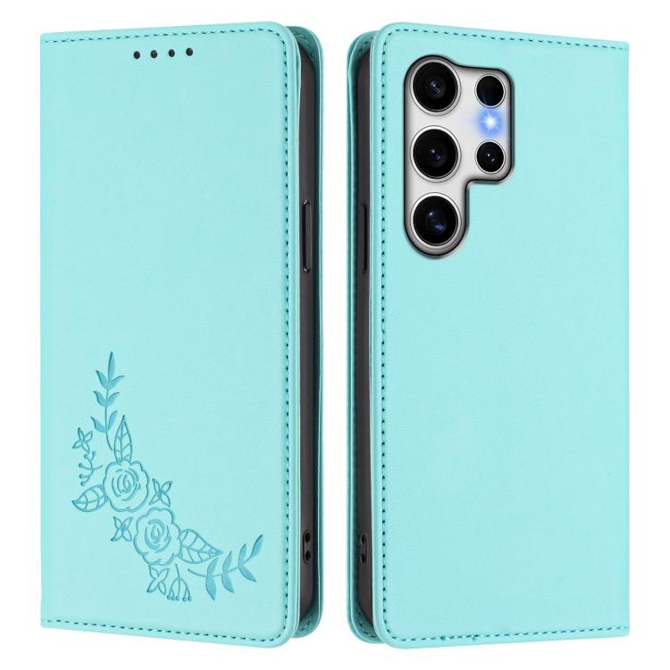 For Galaxy S25 Ultra 5G Peony Embossed Magnetic RFID Vegan Leather Phone Case