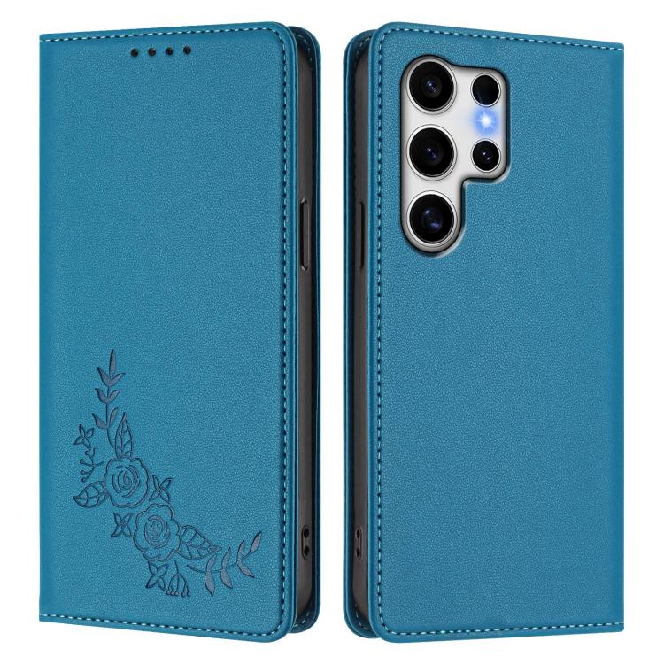 For Galaxy S25 Ultra 5G Peony Embossed Magnetic RFID Vegan Leather Phone Case