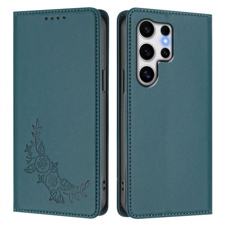 For Galaxy S25 Ultra 5G Peony Embossed Magnetic RFID Vegan Leather Phone Case