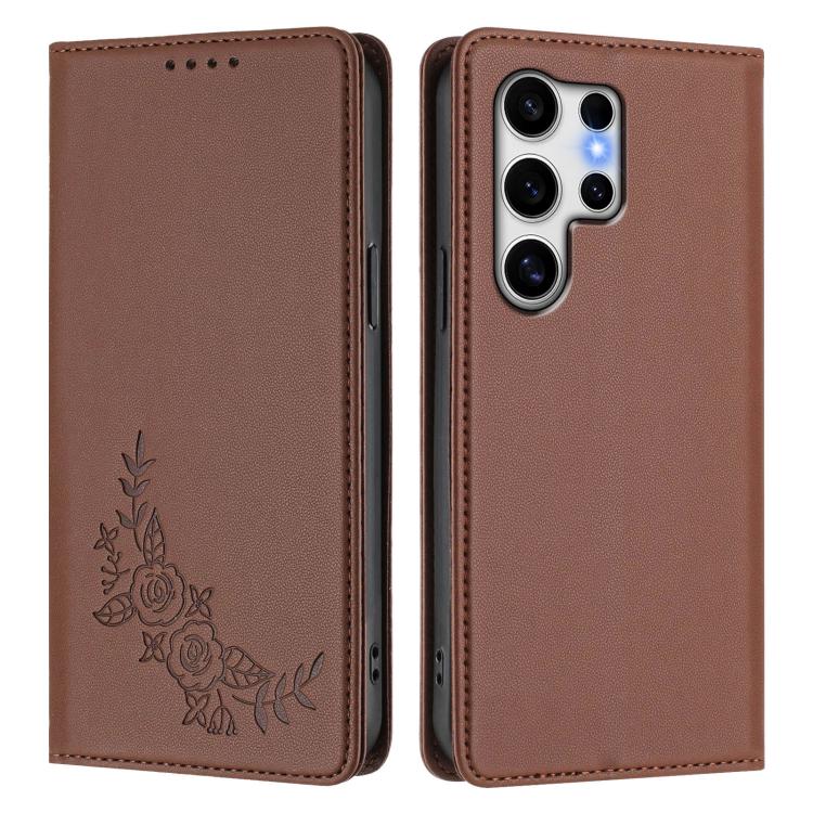 For Galaxy S25 Ultra 5G Peony Embossed Magnetic RFID Vegan Leather Phone Case