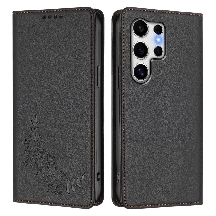 For Galaxy S25 Ultra 5G Peony Embossed Magnetic RFID Vegan Leather Phone Case