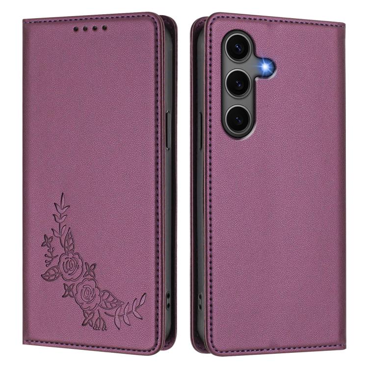 For Galaxy S25+ 5G / S24+ 5G Peony Embossed Magnetic RFID Vegan Leather Phone Case