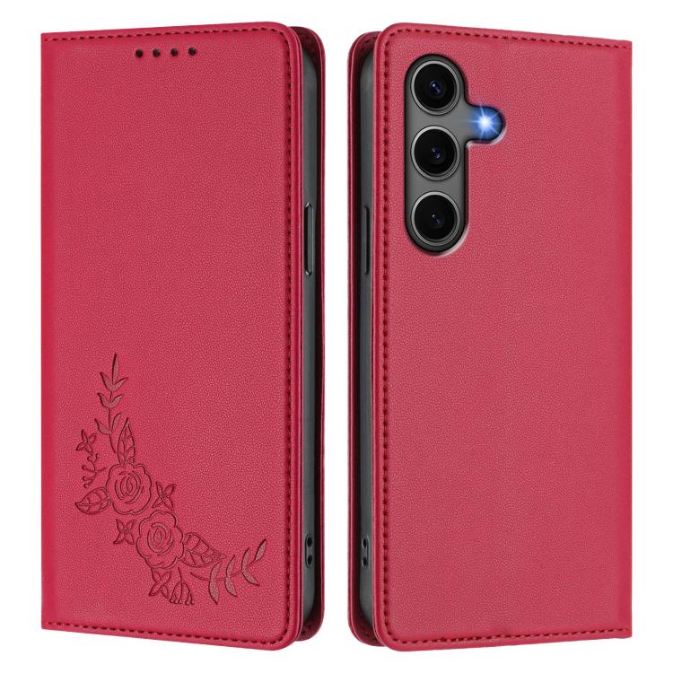 For Galaxy S25+ 5G / S24+ 5G Peony Embossed Magnetic RFID Vegan Leather Phone Case