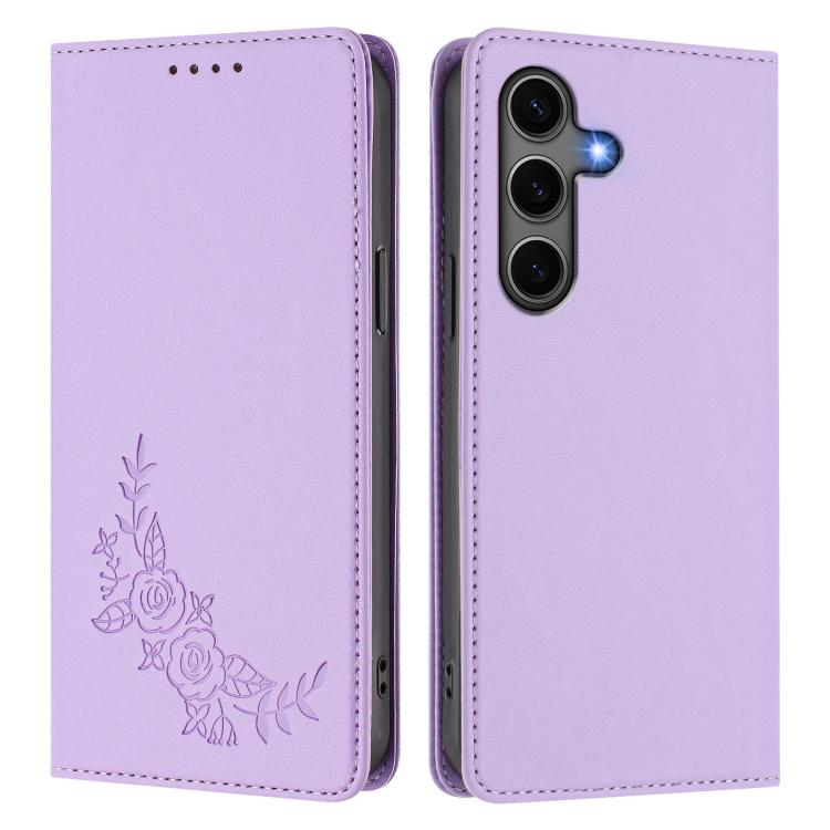 For Galaxy S25+ 5G / S24+ 5G Peony Embossed Magnetic RFID Vegan Leather Phone Case
