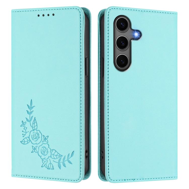 For Galaxy S25+ 5G / S24+ 5G Peony Embossed Magnetic RFID Vegan Leather Phone Case
