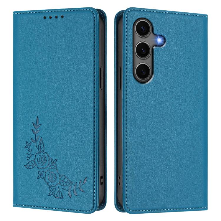 For Galaxy S25+ 5G / S24+ 5G Peony Embossed Magnetic RFID Vegan Leather Phone Case