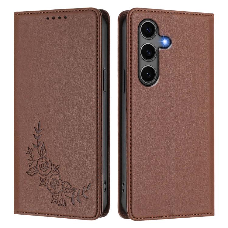 For Galaxy S25+ 5G / S24+ 5G Peony Embossed Magnetic RFID Vegan Leather Phone Case