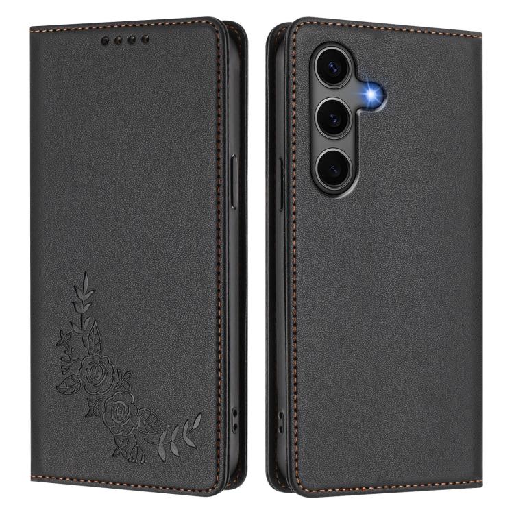 For Galaxy S25+ 5G / S24+ 5G Peony Embossed Magnetic RFID Vegan Leather Phone Case