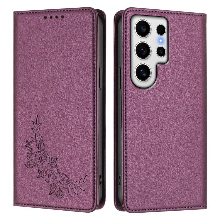 For Galaxy S24 Ultra 5G Peony Embossed Magnetic RFID Vegan Leather Phone Case