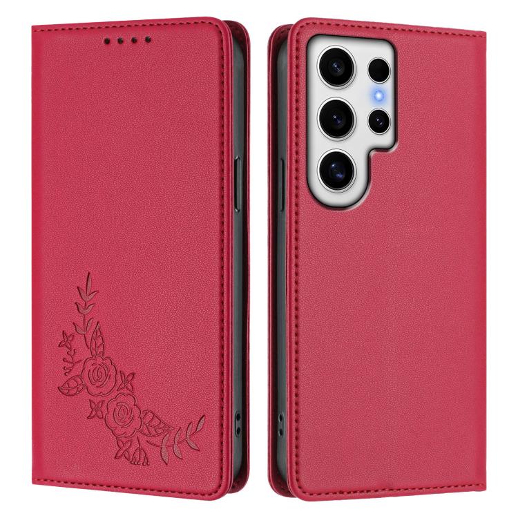 For Galaxy S24 Ultra 5G Peony Embossed Magnetic RFID Vegan Leather Phone Case
