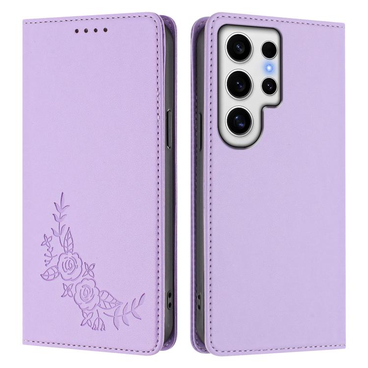 For Galaxy S24 Ultra 5G Peony Embossed Magnetic RFID Vegan Leather Phone Case