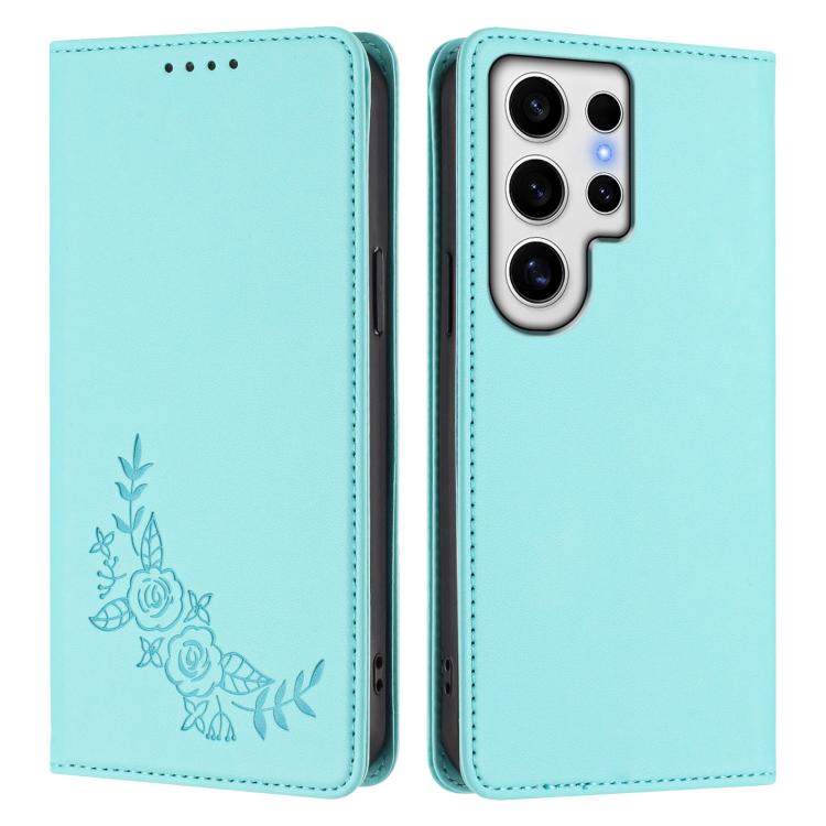 For Galaxy S24 Ultra 5G Peony Embossed Magnetic RFID Vegan Leather Phone Case