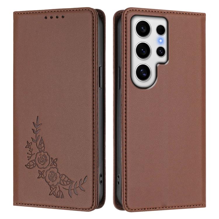 For Galaxy S24 Ultra 5G Peony Embossed Magnetic RFID Vegan Leather Phone Case