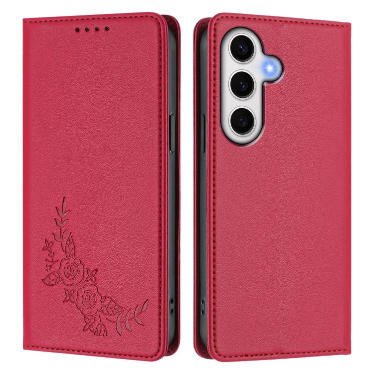 For Galaxy S24 FE 5G Peony Embossed Magnetic RFID Vegan Leather Phone Case