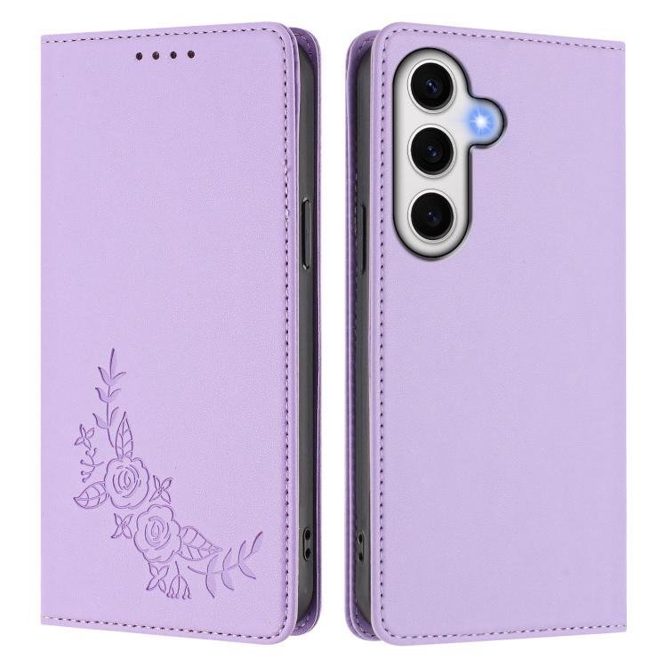 For Galaxy S24 FE 5G Peony Embossed Magnetic RFID Vegan Leather Phone Case