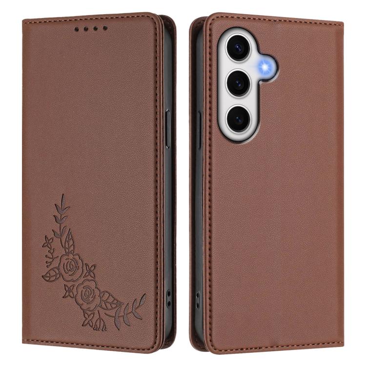 For Galaxy S24 FE 5G Peony Embossed Magnetic RFID Vegan Leather Phone Case