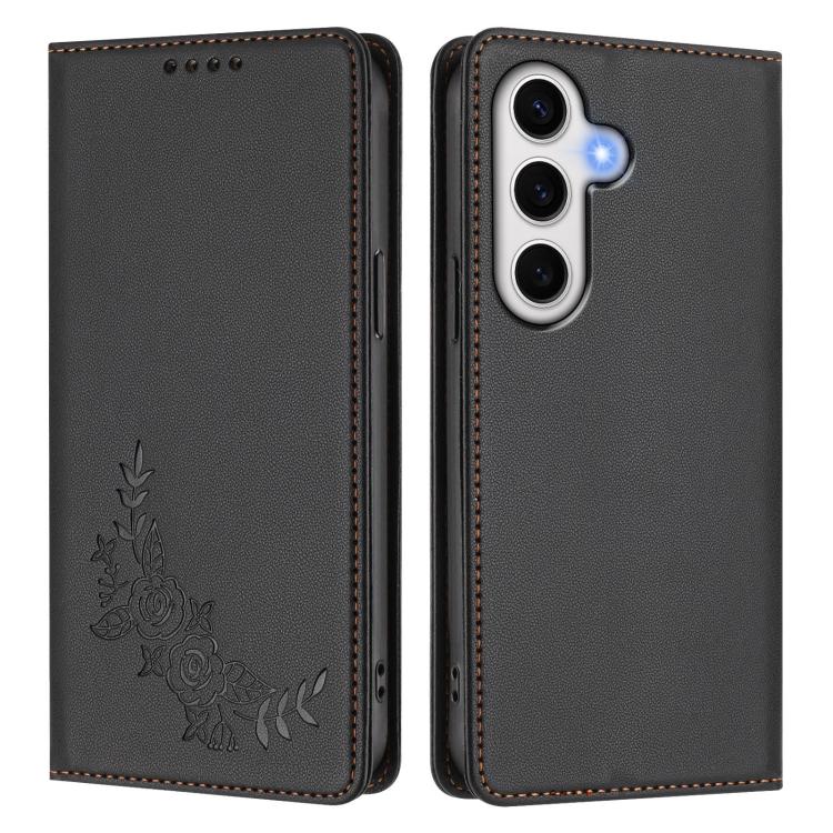 For Galaxy S24 FE 5G Peony Embossed Magnetic RFID Vegan Leather Phone Case
