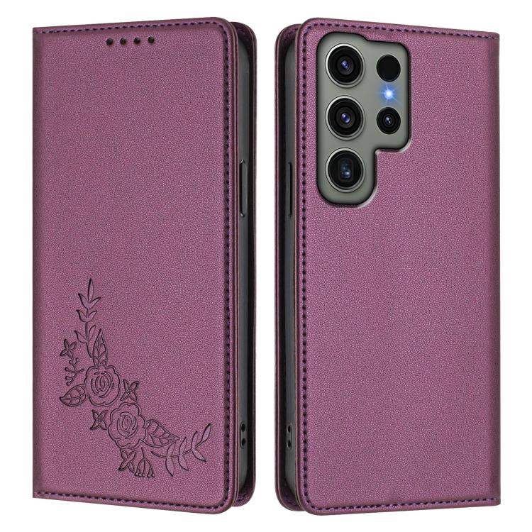For Galaxy S23 Ultra 5G Peony Embossed Magnetic RFID Vegan Leather Phone Case