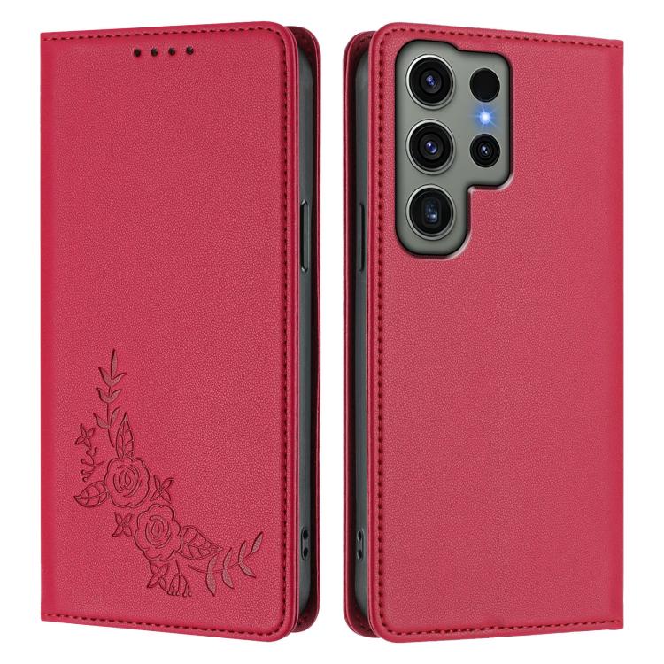 For Galaxy S23 Ultra 5G Peony Embossed Magnetic RFID Vegan Leather Phone Case